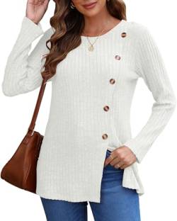 AUSELILY Pullover Damen für Frauen Langarm Tops Leicht Lose Casual Herbst Winter Tunika Pullover Rundhals Shirts Knöpfe Seite(Weiß,XXL) von AUSELILY