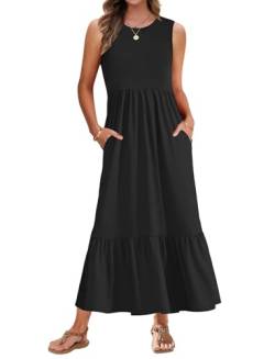 AUSELILY Schwarz Sommerkleid Damen Lang Ärmelloses Maxikleid Damen Sommer Strandkleid Lange Rundhals Tank Top Kleider Leicht und Luftig mit Taschen Elastischer Taille M von AUSELILY