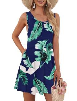AUSELILY Shirt-Kleid für Damen Ärmelloses Sommer Strand Boho Blumenmuster Urlaubkleid(Print Blau,L) von AUSELILY