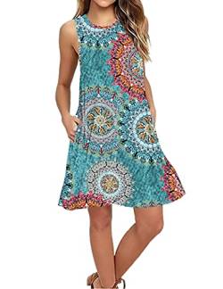 AUSELILY Shirt-Kleid für Damen Ärmelloses Sommer Strand Boho Grumenmuster Urrünbkleid(Print Grün,XL) von AUSELILY