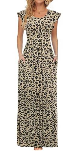 AUSELILY Sommer Maxikleid mit Taschen Sexy Leopardenmuster Lang Abendkleid Damen Kurze Ärmel Hohe Taille Strandkleid S von AUSELILY