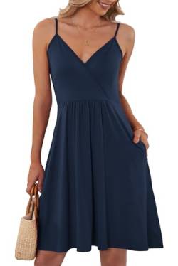 AUSELILY Sommerkleid Damen Große Größen V-Ausschnitt Elegant Freizeitkleid Strandkleid Spaghetti-Träge mit Taschen S-XXL（Navy blau,XXL von AUSELILY