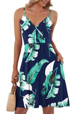 AUSELILY Sommerkleid Damen Große Größen V-Ausschnitt Elegant Freizeitkleid Strandkleid Spaghetti-Träge mit Taschen S-XXL（Print Blau,XXL von AUSELILY