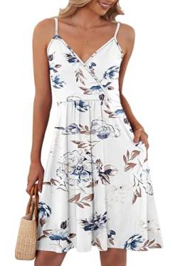 AUSELILY Sommerkleid Damen Große Größen V-Ausschnitt Elegant Freizeitkleid Strandkleid Spaghetti-Träge mit Taschen S-XXL（Weiße Blumen,XXL von AUSELILY