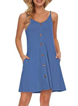 AUSELILY Sommerkleid Damen Kleider Spaghettiträger Knielang Strandkleid Freizeitkleider V Ausschnitt Leicht Kleider Sommer Mit Taschen Für Frauen(Beja Blue,2XL) von AUSELILY