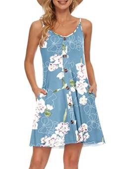 AUSELILY Sommerkleid Damen Kleider Spaghettiträger Knielang Strandkleid Freizeitkleider V Ausschnitt Leicht Kleider Sommer Mit Taschen Für Frauen(Blumen Hellblau,M) von AUSELILY