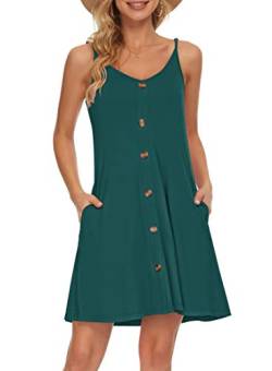 AUSELILY Sommerkleid Damen Kleider Spaghettiträger Knielang Strandkleid Freizeitkleider V Ausschnitt Leicht Kleider Sommer Mit Taschen Für Frauen(Dunkelgrün,M) von AUSELILY