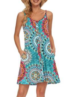 AUSELILY Sommerkleid Damen Kleider Spaghettiträger Knielang Strandkleid Freizeitkleider V Ausschnitt Leicht Kleider Sommer Mit Taschen Für Frauen(Grün drucken,XL) von AUSELILY