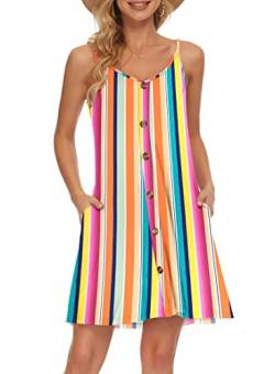 AUSELILY Sommerkleid Damen Kleider Spaghettiträger Knielang Strandkleid Freizeitkleider V Ausschnitt Leicht Kleider Sommer Mit Taschen Für Frauen(Regenbogen Streifen,M) von AUSELILY