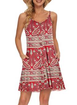 AUSELILY Sommerkleid Damen Kleider Spaghettiträger Knielang Strandkleid Freizeitkleider V Ausschnitt Leicht Kleider Sommer Mit Taschen Für Frauen(Rotes Blumenboho,L) von AUSELILY