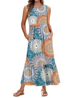 AUSELILY Sommerkleid Damen Lang Ärmelloses Maxikleid Damen Sommer Strandkleid Lange Rundhals Tank Top Kleider Leicht und Luftig mit Taschen Elastischer Taille Grün Drucken XXL von AUSELILY