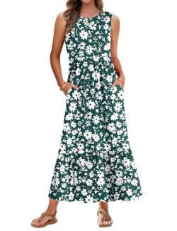 AUSELILY Sommerkleid Damen Lang Ärmelloses Maxikleid Damen Sommer Strandkleid Lange Rundhals Tank Top Kleider Leicht und Luftig mit Taschen Elastischer Taille Grüne Gänseblümchen M von AUSELILY