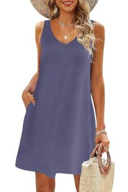 AUSELILY Sommerkleid Damen Leicht Strandkleid Elegant Swing Kleid V Ausschnitt Ärmellose Mini Kleid mit Taschen Violett-Grau M von AUSELILY