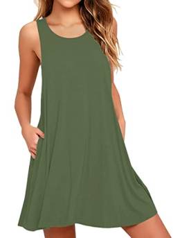 AUSELILY Sommerkleid Damen Rundhals Knielang Freizeitkleider Strand Trägerkleid mit Taschen（Armee grün,L） von AUSELILY