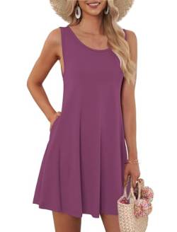 AUSELILY Sommerkleid Damen Rundhals Knielang Freizeitkleider Strand Trägerkleid mit Taschen(Mauve,M) von AUSELILY