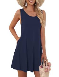 AUSELILY Sommerkleid Damen Rundhals Knielang Freizeitkleider Strand Trägerkleid mit Taschen(Navy blau,XL) von AUSELILY