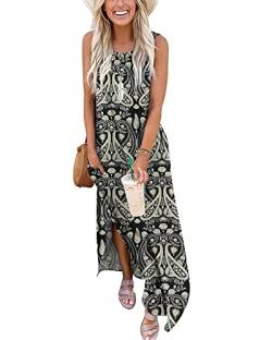 AUSELILY Sommerkleid Maxi Damen Ärmellos Strandkleid Langes Maxi Kleider mit Taschen Boho Floral Schwarz XL von AUSELILY