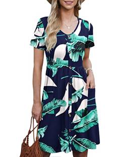 AUSELILY Sommerkleider für Damen Lässiges Kurzarm-Sommerkleid Rundhalsausschnitt A Line Swing Kleid mit Taschen Print Blau L von AUSELILY