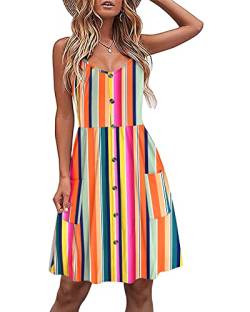 AUSELILY Sommerkleider für Frauen Ärmelloses Sommerkleid mit V-Ausschnitt Lockeres lässiges Spaghettiträgerkleid mit Taschen Regenbogenstreifen L von AUSELILY