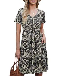 AUSELILY Sommerkleider für Frauen Lässiges Kurzarm-Sommerkleid Rundhalsausschnitt A Line Swing Kleid mit Taschen Boho Floral Black S von AUSELILY