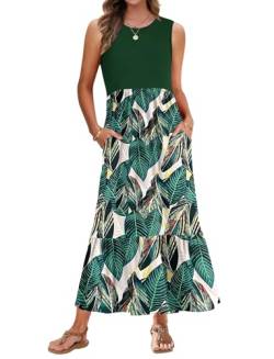 AUSELILY Strandkleid Damen Lang Sommerkleid Ärmelloses Maxi Kleid Damen Sommer Lange Rundhals Tank Top Kleider Leicht und Luftig mit Taschen Blattdruck Grün S von AUSELILY