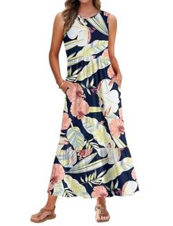 AUSELILY Strandkleid Damen Lang Sommerkleid Ärmelloses Maxi Kleid Damen Sommer Lange Rundhals Tank Top Kleider Leicht und Luftig mit Taschen Marineblaue Blume S von AUSELILY