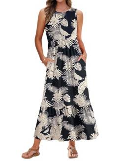 AUSELILY Strandkleid Damen Lang Sommerkleid Ärmelloses Maxi Kleid Damen Sommer Lange Rundhals Tank Top Kleider Leicht und Luftig mit Taschen Regenwald Blätter L von AUSELILY