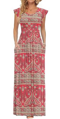 AUSELILY Strandkleid Damen mit Taschen Boho Freizeit Bodenlanger Rock Große Elastischer Locker Abendkleid Rot Blumenmuster XL von AUSELILY