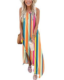 AUSELILY Strandkleider Damen Sommer Lang Maxikleid Damen Ärmelloses Sommerkleid Freizeitkleider Maxi Regenbogen Gestreift 2XL von AUSELILY