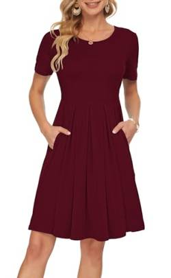 AUSELILY Wein Rot Kleider Damen Sommerkleid A Linie Kleid Casual Freizeitkleid Kurzarm Lose Fit S von AUSELILY