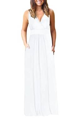 AUSELILY Weißes Maxikleid Damen Sommer ärmellos Kleid Lang Elegant tiefem V-Ausschnitt Abendkleid mit Taschen M von AUSELILY