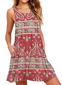 Boho Kleid Damen Kurz Urlaub Midi Ärmellos Swing Sommerkleid Mit Taschen（Boho Rot,S von AUSELILY