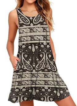 Boho Kleid Damen Kurz Urlaub Midi Ärmellos Swing Sommerkleid Mit Taschen（Boho Schwarz,L von AUSELILY