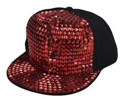 Herren/Damen Bling Baseball Caps mit Pferdeschwanz Loch, Pailletten Ball Hat für Disco/Hip Hop/Punk Rock/Party GB-H_H-M-2, rot, M von AUSUAYA