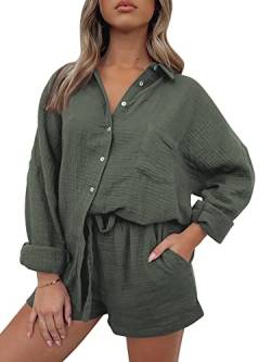 AUTOMET 2 Stück Outfits Für Frauen Lounge Sets Pyjama Sets Langarm Button Down Oversized Shirts Und Shorts Herbst Trainingsanzug, Grün, M von AUTOMET