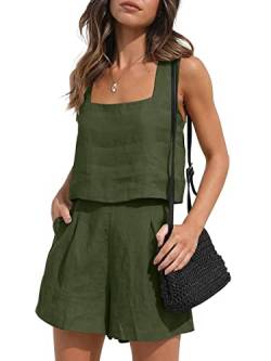 AUTOMET 2-teiliges Outfit für Damen, Sommer, lässig, bauchfrei, Tanktop, kurze Sets, niedlich, ärmellos, quadratischer Ausschnitt, Trainingsanzug mit Taschen, Army Grün, Small von AUTOMET