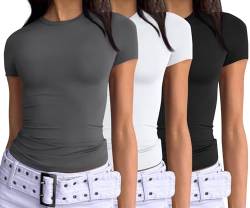 AUTOMET Damen 3-teiliges Kurzarm-Shirt, Basic Ausgehen, schmale Passform, bauchfreie Tops 2024 Y2k Kleidung, Schwarz, Weiß, Grau, L von AUTOMET