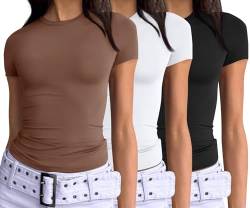 AUTOMET Damen 3-teiliges Kurzarm-Shirt, Basic Ausgehen, schmale Passform, bauchfreie Tops 2024 Y2k Kleidung, Schwarz, Weiß, Kaffeebraun, S von AUTOMET