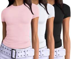 AUTOMET Damen 3-teiliges Kurzarm-Shirt, Basic zum Ausgehen, schmale Passform, bauchfreies Oberteil 2024, Y2k Kleidung, Schwarz, Weiß, Pink, Klein von AUTOMET