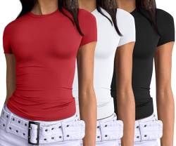 AUTOMET Damen 3-teiliges Kurzarm-Shirt, Basic zum Ausgehen, schmale Passform, bauchfreies Oberteil 2024, Y2k Kleidung, Schwarz, Weiß, Rot, Klein von AUTOMET