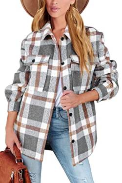 AUTOMET Damen Casual Plaid Shacket Button Down Langarm Shirt, Graubraun, XS von AUTOMET