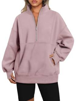 AUTOMET Damen Half Zip Oversized Sweatshirts Fleece Langarm Hoodies Casual Pullover mit Taschen, Dunkelrosa, L von AUTOMET