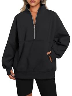 AUTOMET Damen Half Zip Oversized Sweatshirts Fleece Langarm Hoodies Casual Pullover mit Taschen, Schwarz, M von AUTOMET