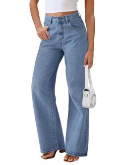 AUTOMET Damen-Jeans, hohe Taille, weites Bein, gerades Bein, Bauchkontrolle, trendige Boyfriend-Denim-Hose 2024, Washedblue, S von AUTOMET