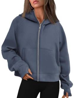 AUTOMET Damen Kapuzenpullover mit Reißverschluss, Fleece, übergroße Sweatshirts, durchgehender Reißverschluss, Y2k, Herbstkleidung 2024, modische Outfits, Grau/Blau, M von AUTOMET