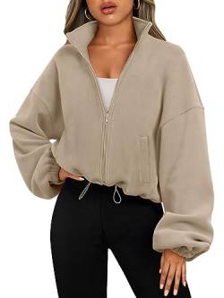 AUTOMET Damen-Kapuzenpullover mit Reißverschluss, übergroße Sweatshirts, langärmelig, bauchfrei, Sherpa, Herbst-Outfits, modische Kleidung 2024, Khaki, S von AUTOMET