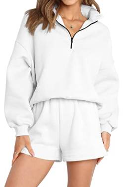 AUTOMET Damen Oversized 2-teiliges Lounge-Set mit halbem Reißverschluss Sweatshirts Sweatsuit, Weiss/opulenter Garten, M von AUTOMET