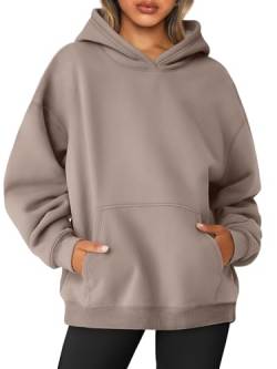 AUTOMET Damen Oversized Sweatshirts Fleece Hoodies Langarm Shirts Pullover Herbst Kleidung mit Tasche, Kaffeegrau, S von AUTOMET