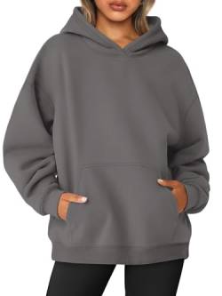 AUTOMET Damen Oversized Sweatshirts Fleece Hoodies Langarm Shirts Pullover Herbst Kleidung mit Tasche, Schwarz/Grau, M von AUTOMET