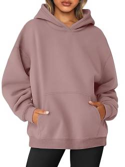 AUTOMET Damen-Sweatshirt, Übergröße, Fleece, Kapuzenpullover, Langarm-Shirt, Pullover, Herbstkleidung mit Tasche, Dunkelrosa, M von AUTOMET